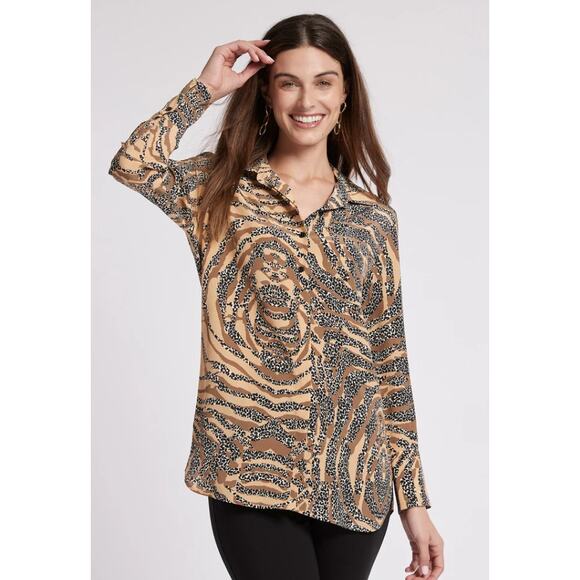 Tyler Boe Charlie Silk Leopard & Tiger Print Long Sleeve Button Front Top 12 - Picture 1 of 6